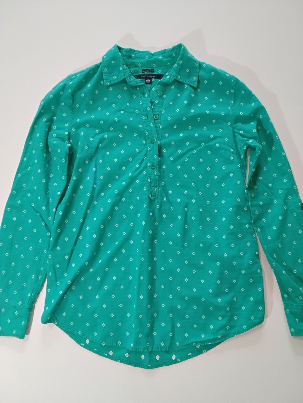 Tommy‎ Hilfiger Relaxed Fit Top Womens XS Green White Polka Dot Half Button